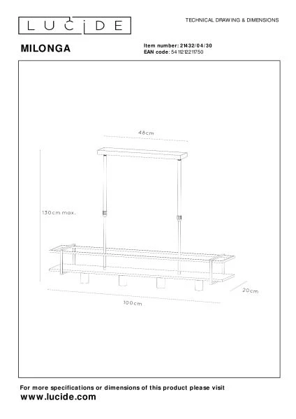 Lucide MILONGA - Hanglamp - 4xE27 - Zwart - technisch